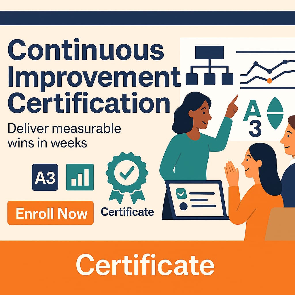 Illustration of professionals learning Continuous Improvement Certification online, showing charts, A3 tools, and an “Enroll Now” button — promoting measurable results in weeks.