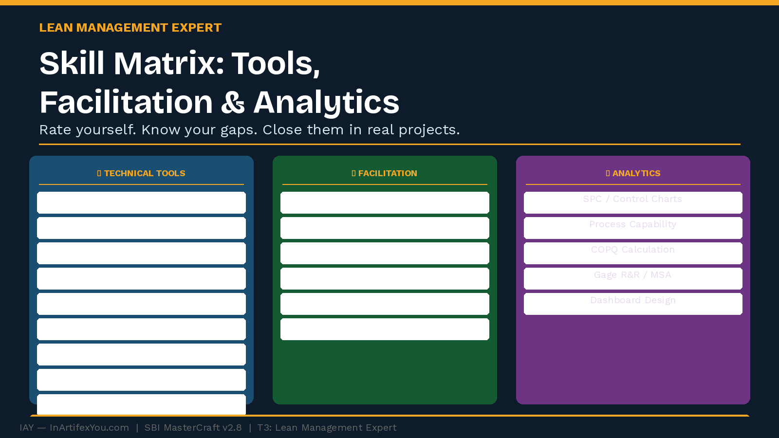 Three-column skill matrix for Lean Management Expert showing technical tools, facilitation skills, and analytics competencies with four-level proficiency scale.