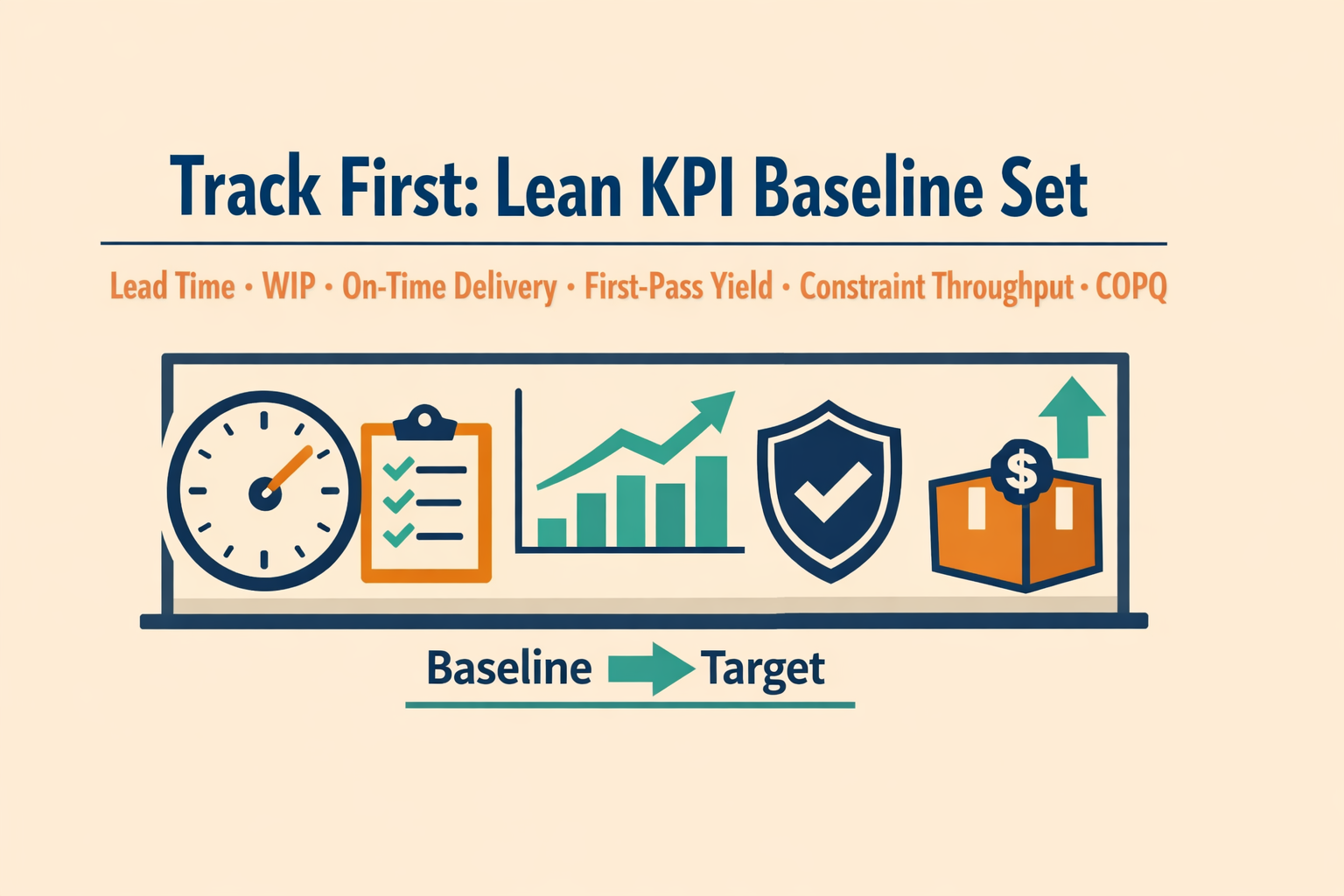 Lean KPI Baseline Set' listing Lead Time, WIP, On-Time Delivery, First-Pass Yield, Constraint Throughput, and COPQ with simple icons and a 'Baseline -> Target'
