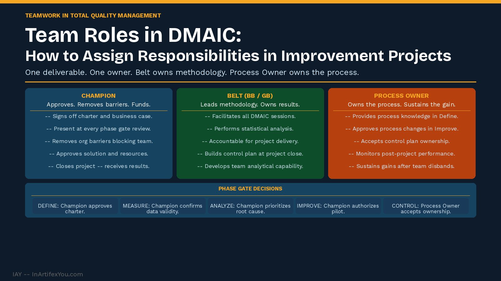DMAIC team roles showing Champion, Belt, and Process Owner with five responsibilities each and phase gate decision authority strip across the five DMAIC phases.